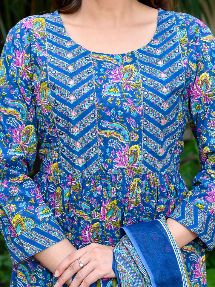 Floral Printed Cotton Kurta With Pants &amp; Dupatta