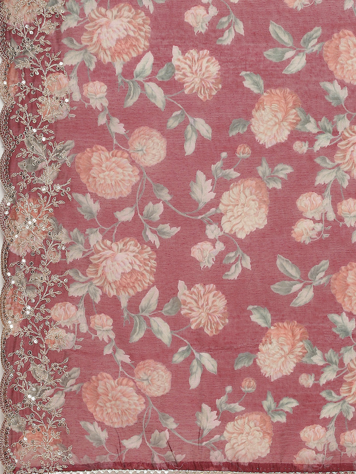 Printed &amp; Neck Embroidered Chanderi Kurta With Pants &amp; Dupatta
