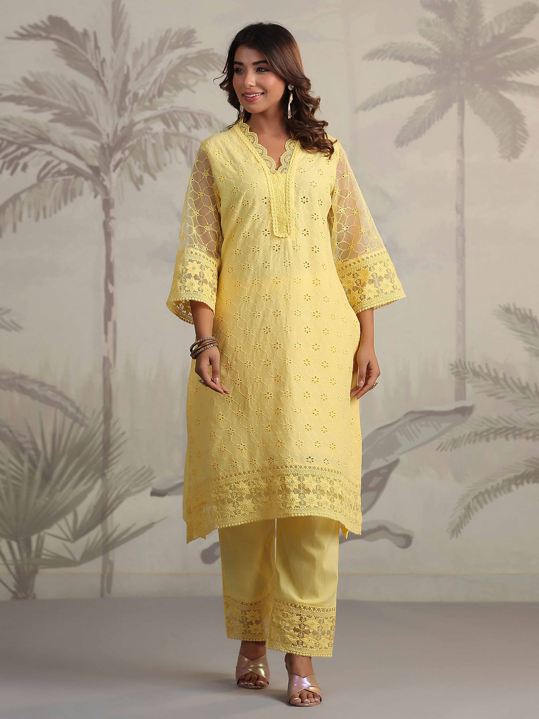 Schiffli Embroidery Kurta With Pants &amp; Dupatta