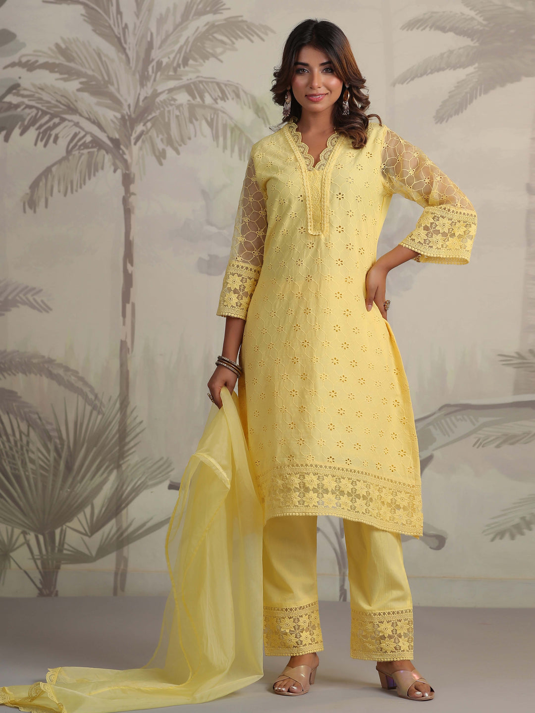 Schiffli Embroidery Kurta With Pants &amp; Dupatta