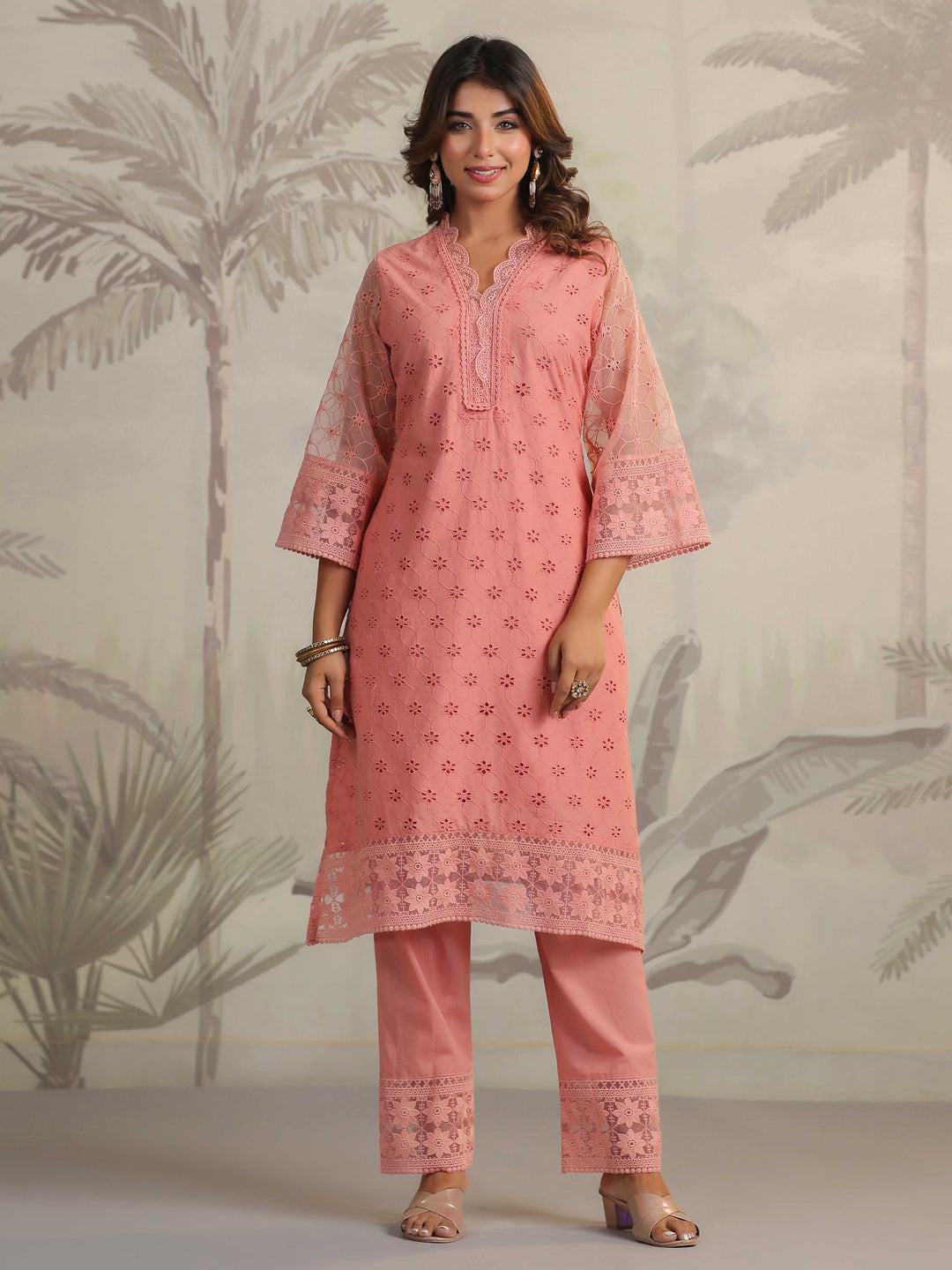 Schiffli Embroidery Kurta With Pants &amp; Dupatta