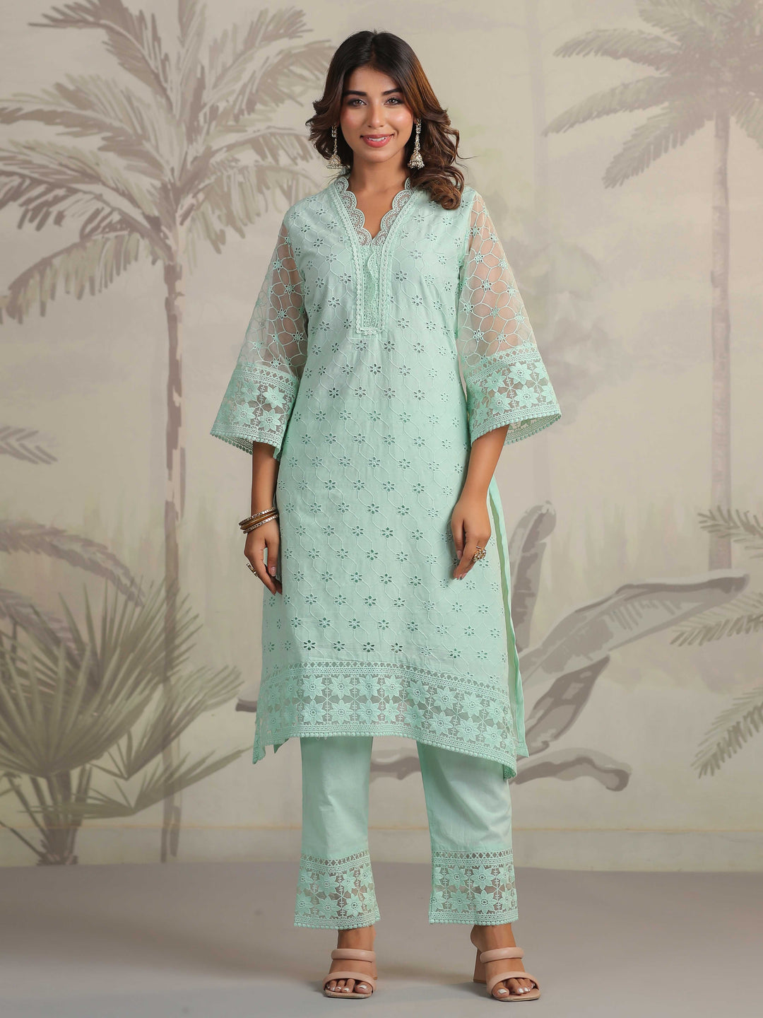 Schiffli Embroidery Kurta With Pants &amp; Dupatta