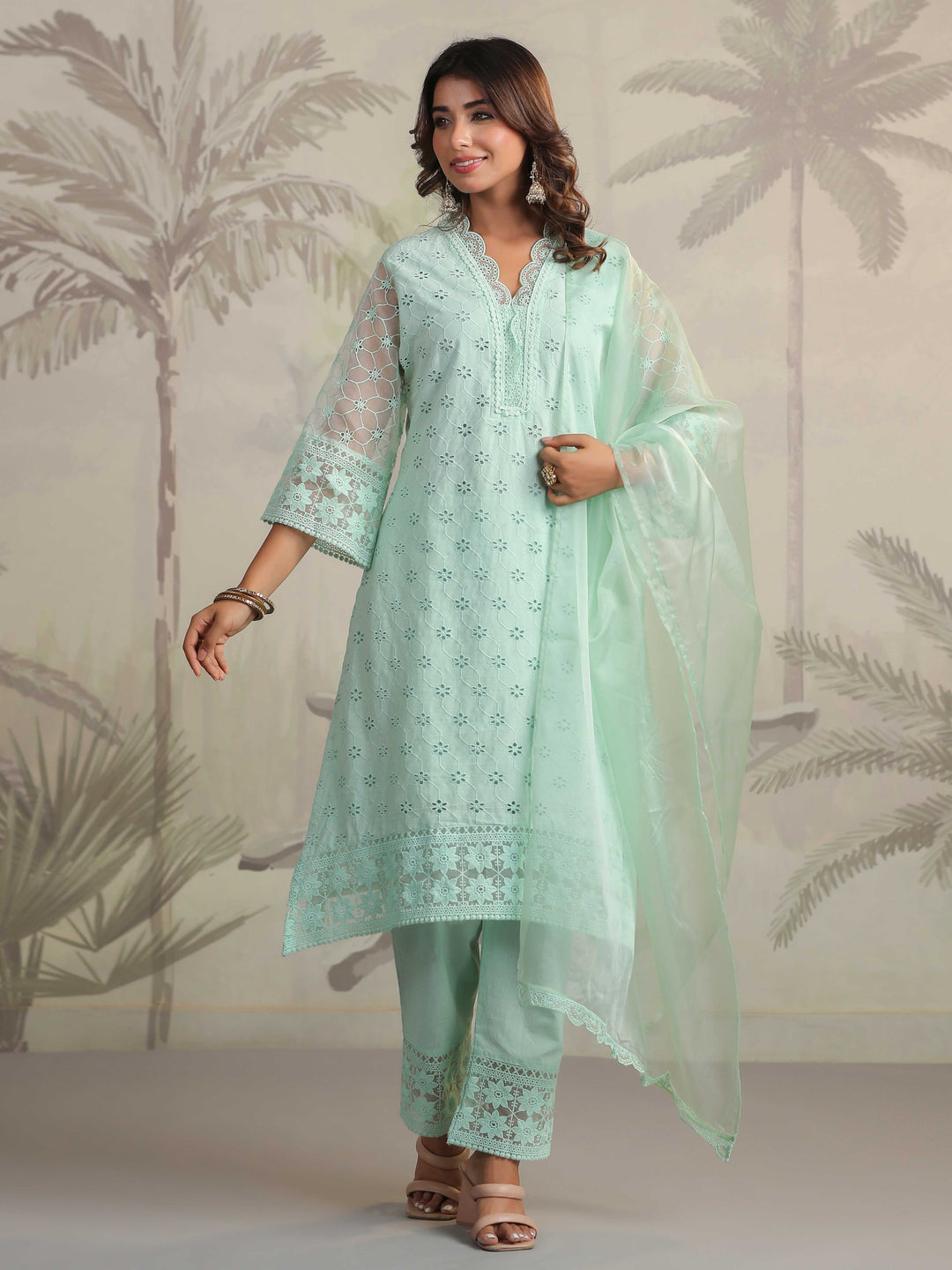 Schiffli Embroidery Kurta With Pants &amp; Dupatta