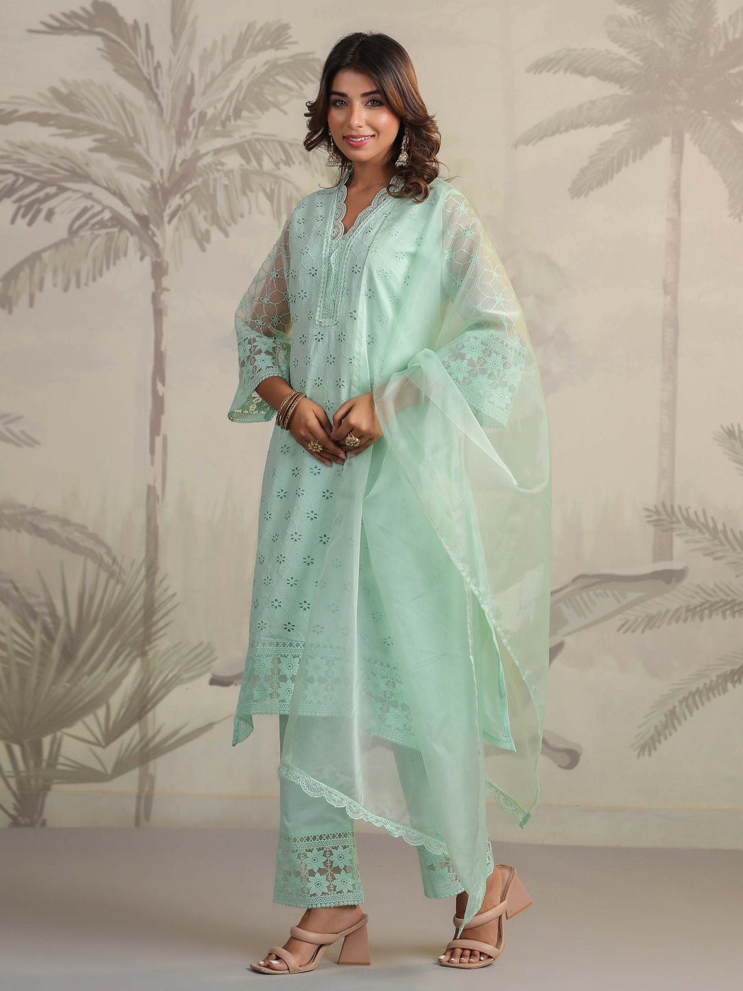 Schiffli Embroidery Kurta With Pants &amp; Dupatta