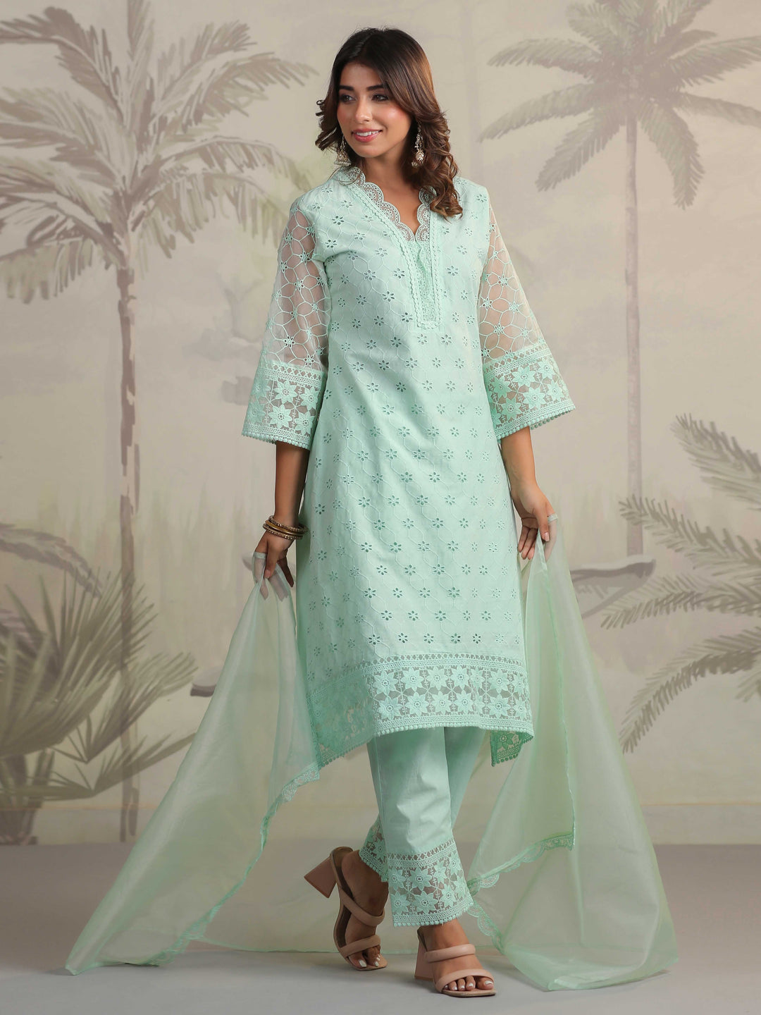 Schiffli Embroidery Kurta With Pants &amp; Dupatta