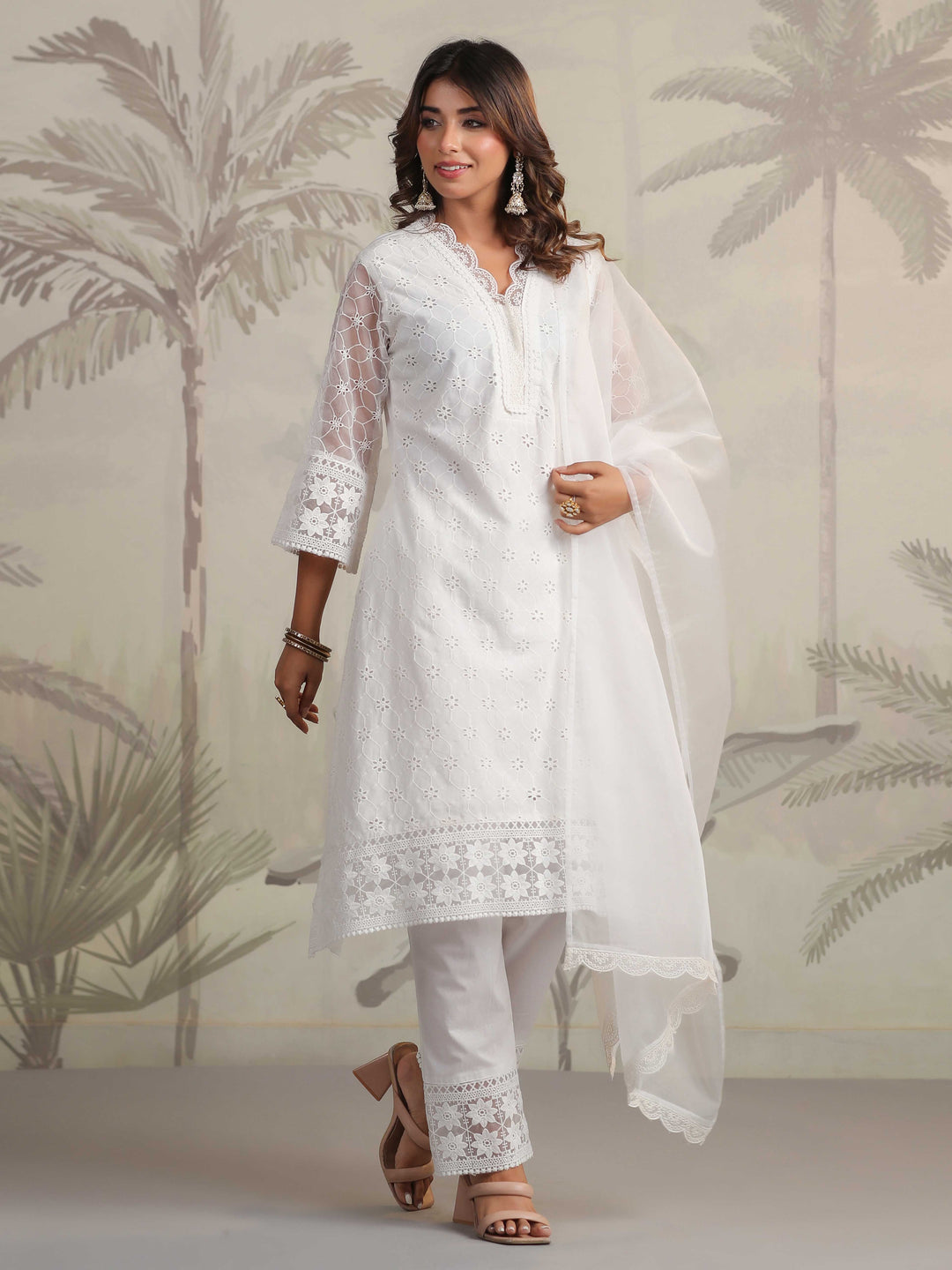 Schiffli Embroidery Kurta With Pants &amp; Dupatta