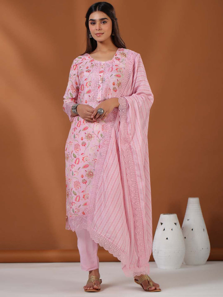 Floral Printed Cotton Kurta With Pants &amp; Dupatta