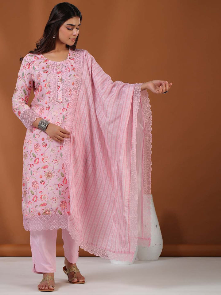 Floral Printed Cotton Kurta With Pants &amp; Dupatta