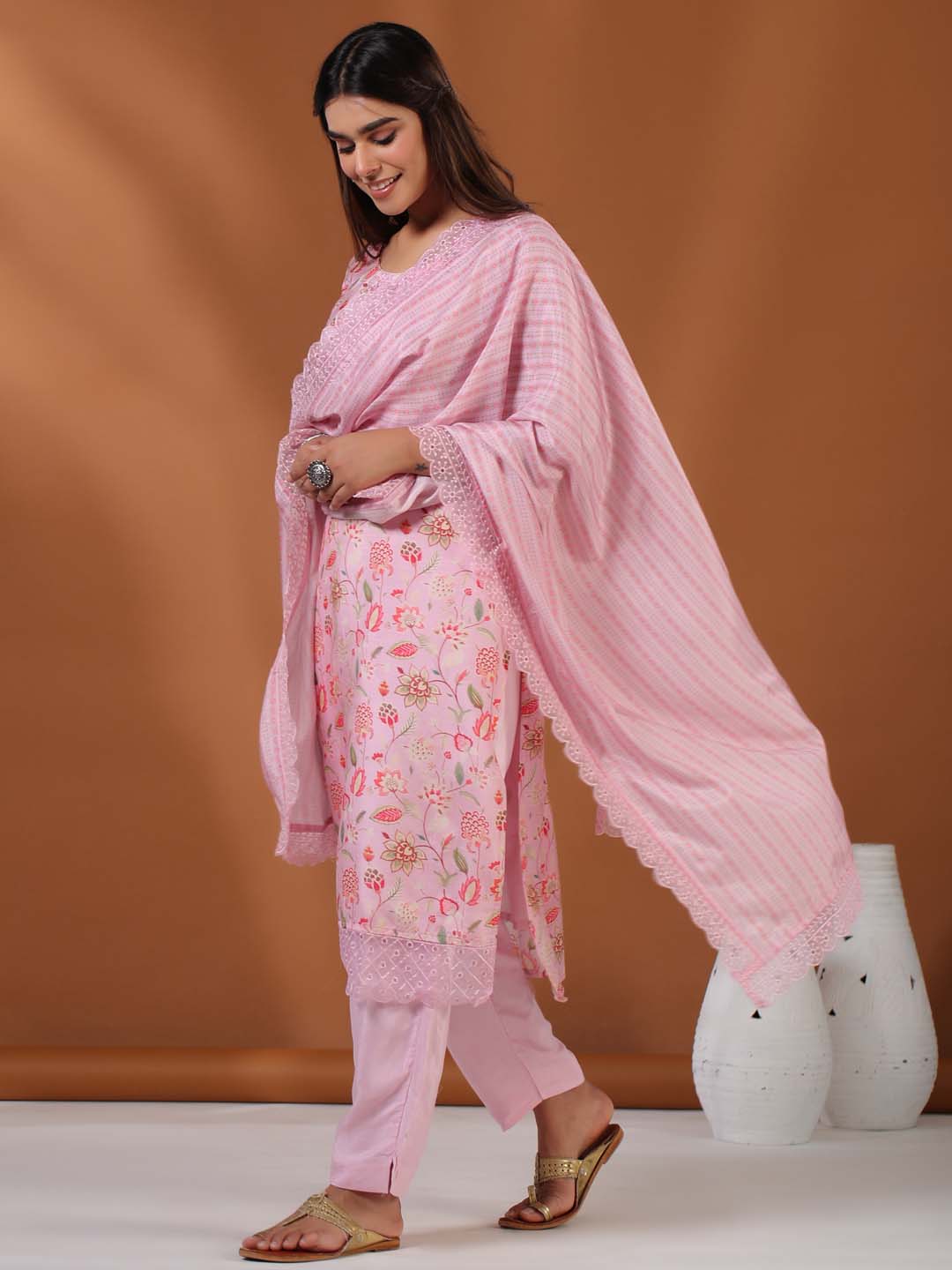 Floral Printed Cotton Kurta With Pants &amp; Dupatta