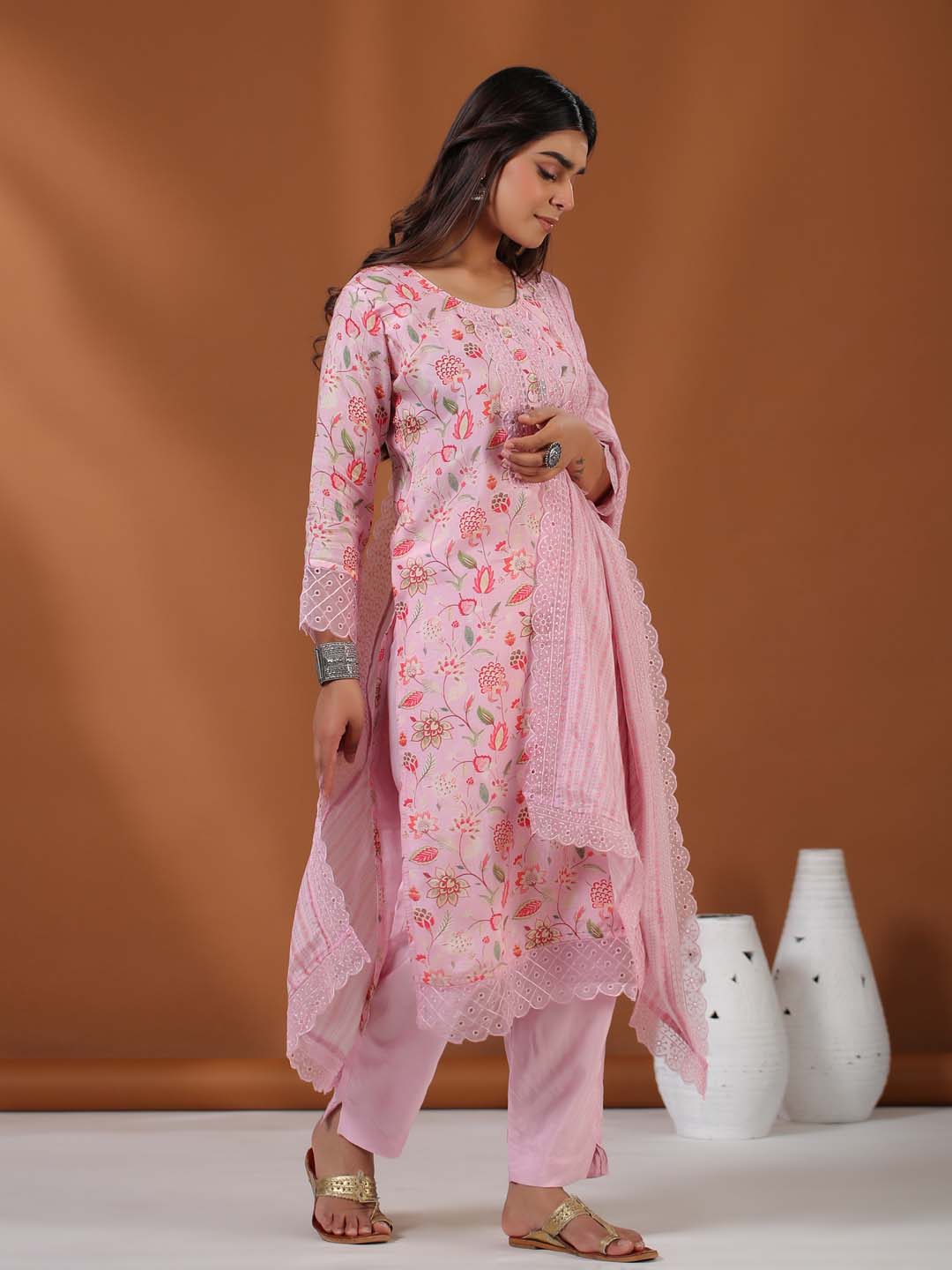 Floral Printed Cotton Kurta With Pants &amp; Dupatta