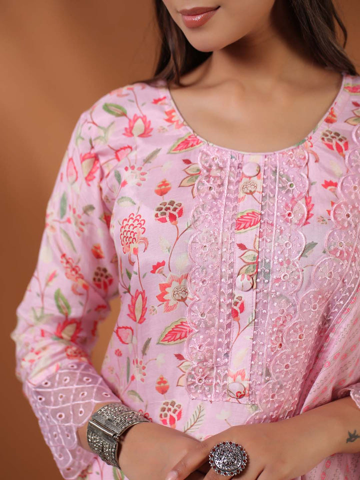 Floral Printed Cotton Kurta With Pants &amp; Dupatta
