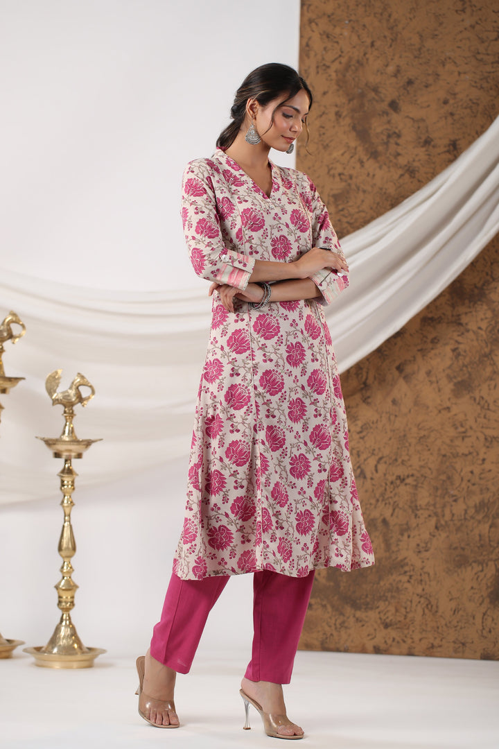 Floral Printed Cotton Kurta With Pants