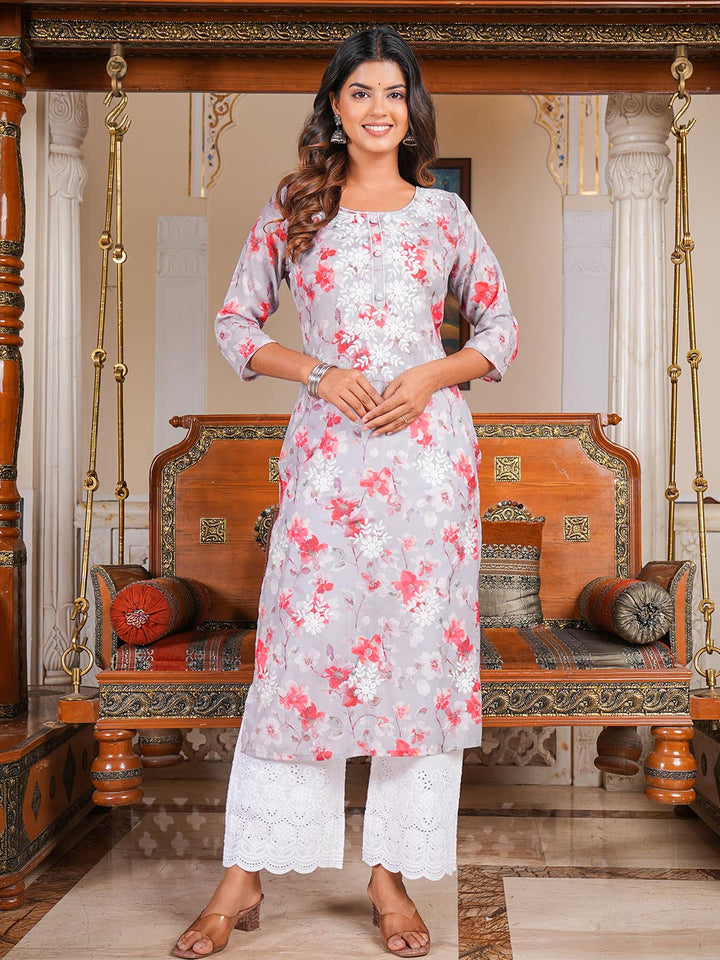 Printed &amp; Neck Embroidered Cotton Kurta With Pants