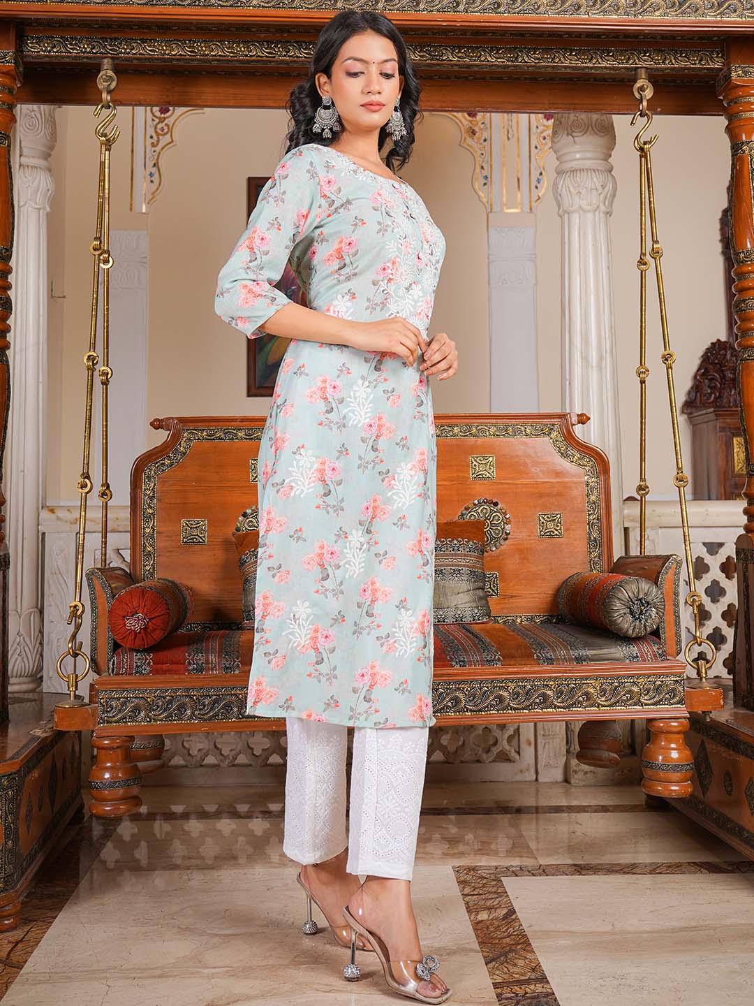 Printed &amp; Neck Embroidered Cotton Kurta With Pants