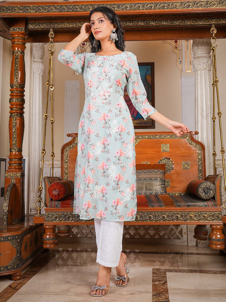 Printed &amp; Neck Embroidered Cotton Kurta With Pants