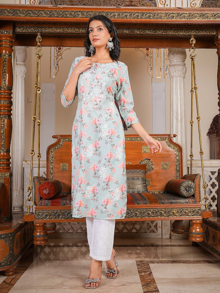 Printed &amp; Neck Embroidered Cotton Kurta With Pants