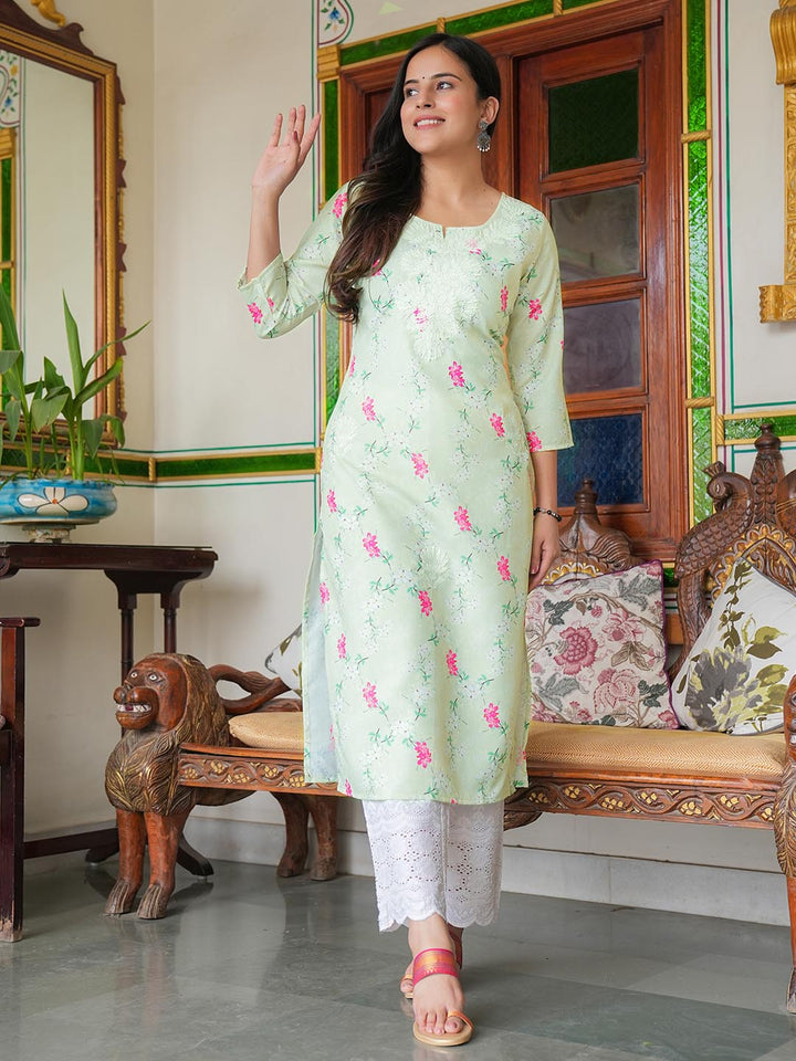 Printed &amp; Neck Embroidered Cotton Kurta With Pants
