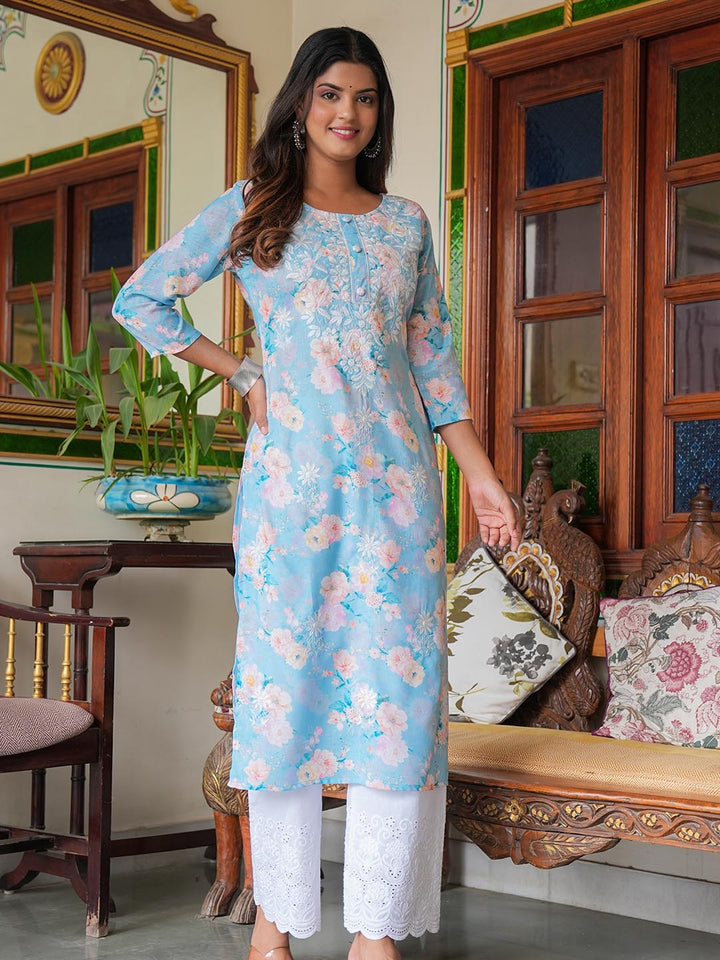 Printed &amp; Neck Embroidered Cotton Kurta With Pants