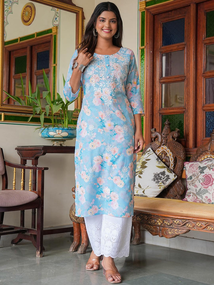 Printed &amp; Neck Embroidered Cotton Kurta With Pants