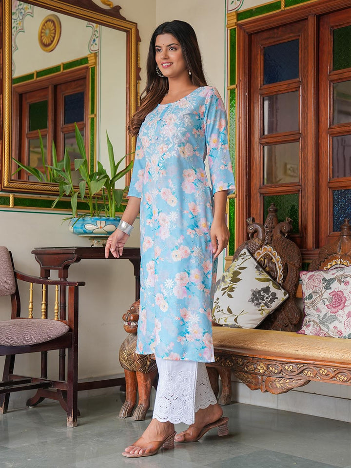 Printed &amp; Neck Embroidered Cotton Kurta With Pants