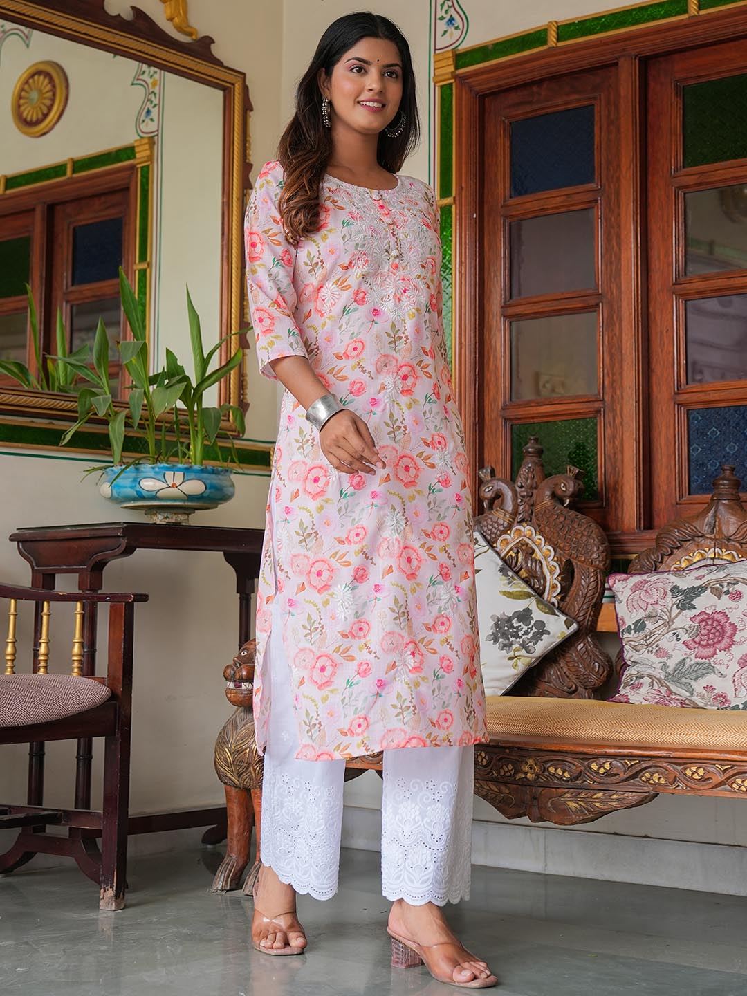 Printed &amp; Neck Embroidered Cotton Kurta With Pants