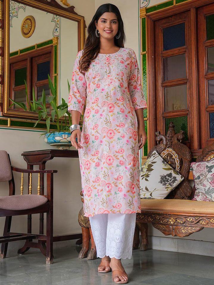 Printed &amp; Neck Embroidered Cotton Kurta With Pants