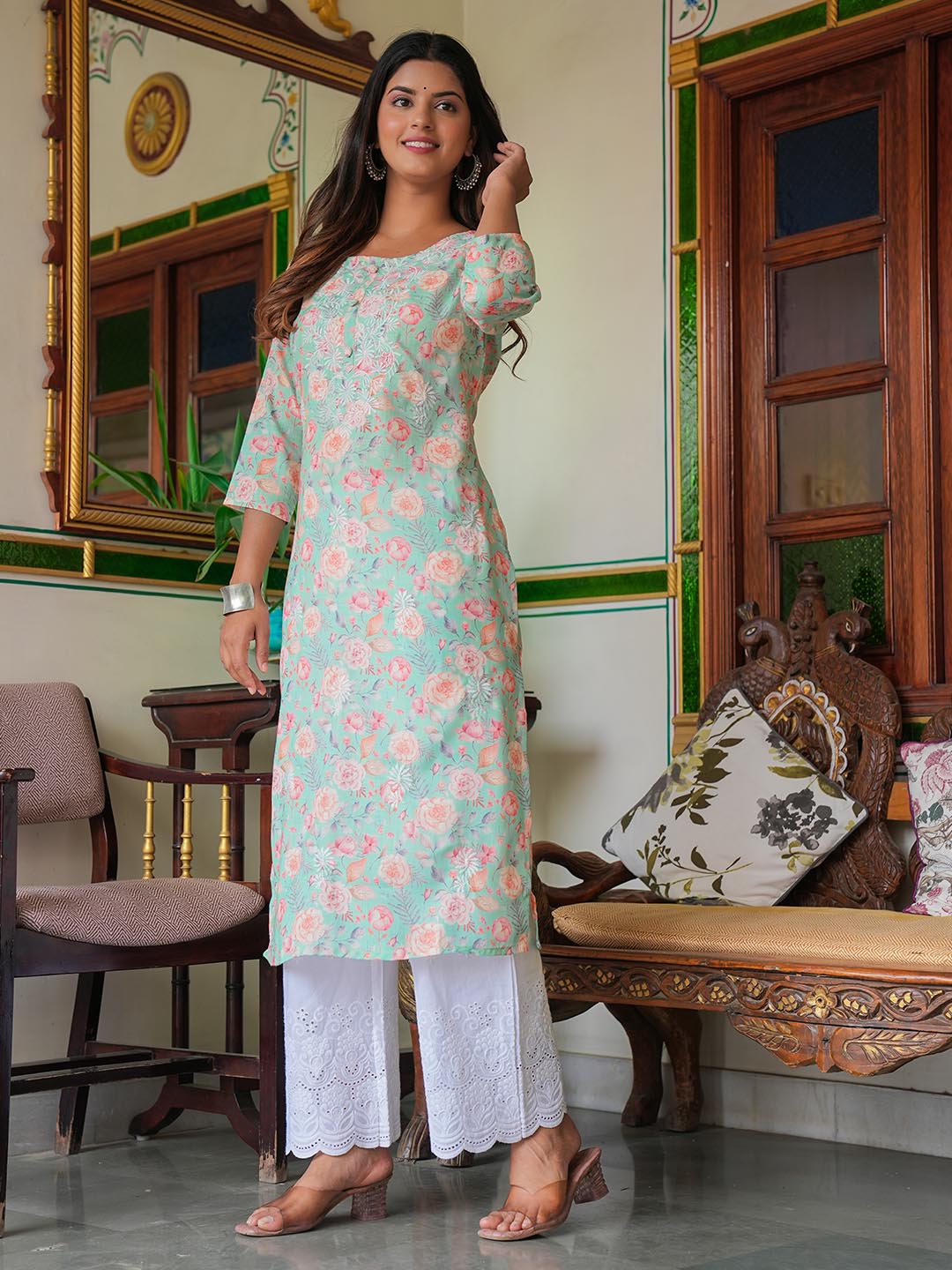 Printed &amp; Neck Embroidered Cotton Kurta With Pants