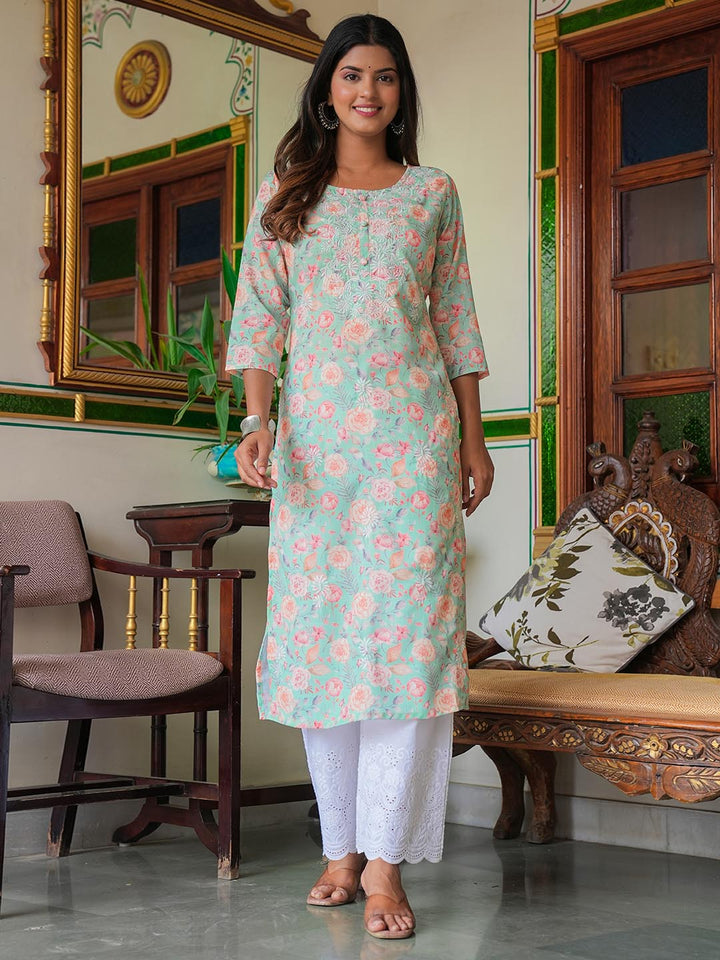 Printed &amp; Neck Embroidered Cotton Kurta With Pants