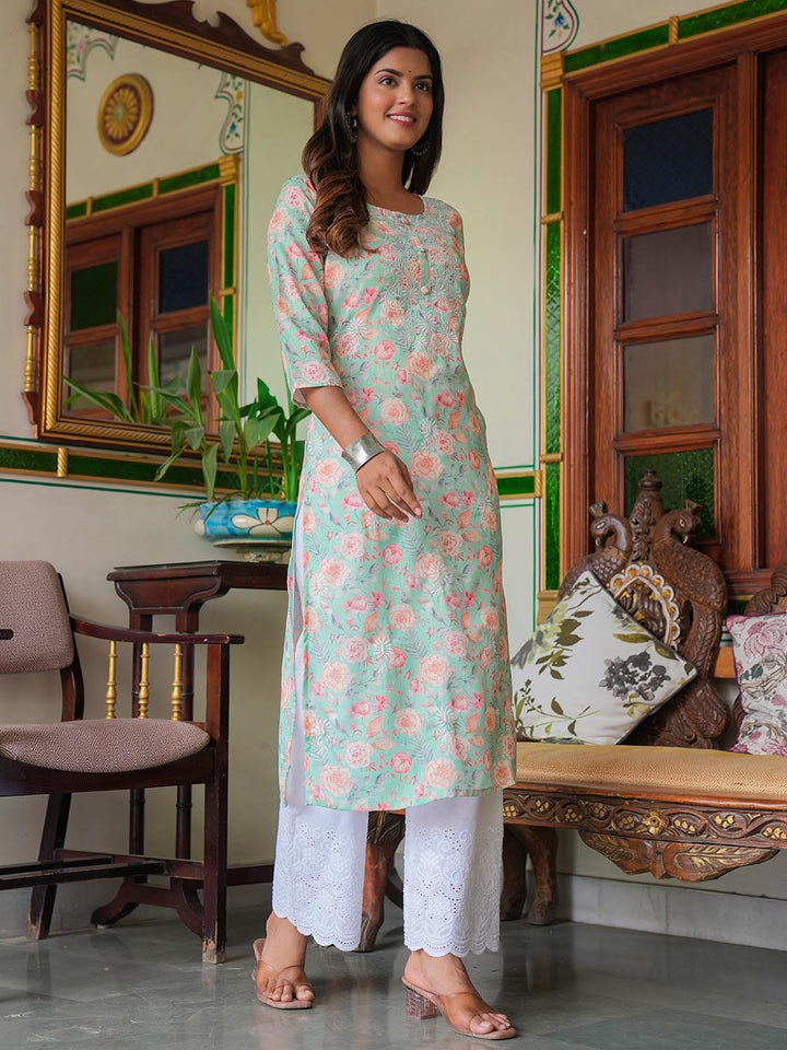 Printed &amp; Neck Embroidered Cotton Kurta With Pants