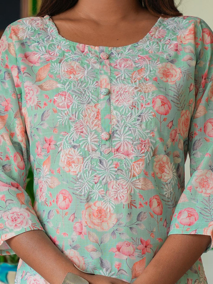 Printed &amp; Neck Embroidered Cotton Kurta With Pants