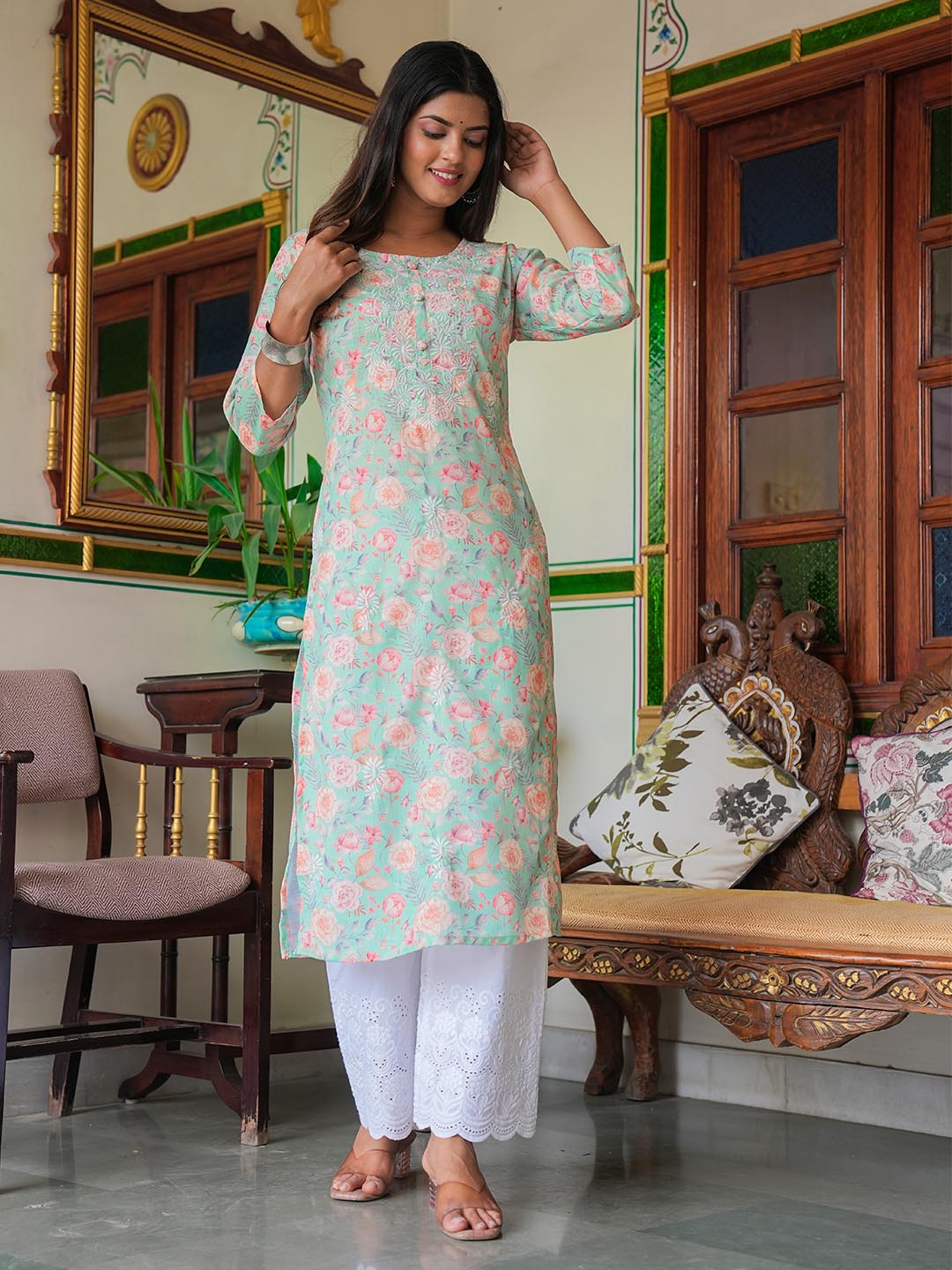 Printed &amp; Neck Embroidered Cotton Kurta With Pants