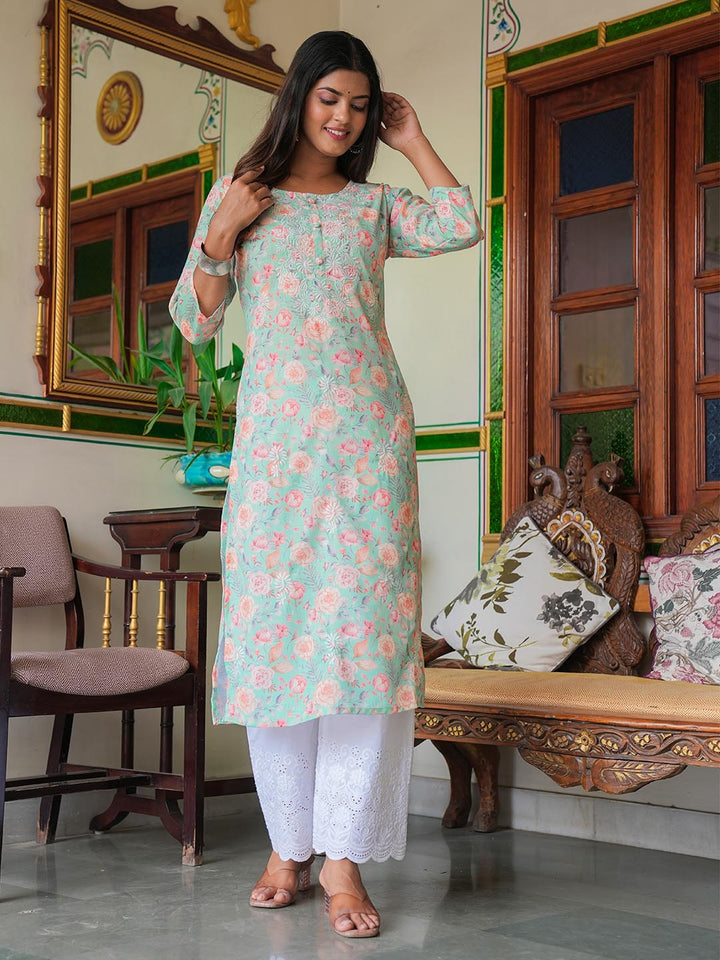 Printed &amp; Neck Embroidered Cotton Kurta With Pants