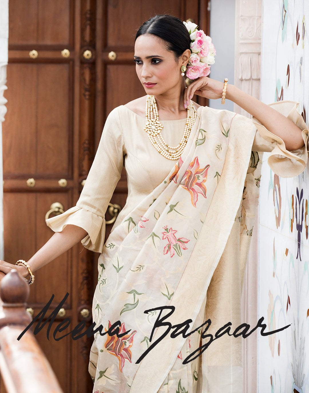 Banarasi tissue saree with self designing floral work