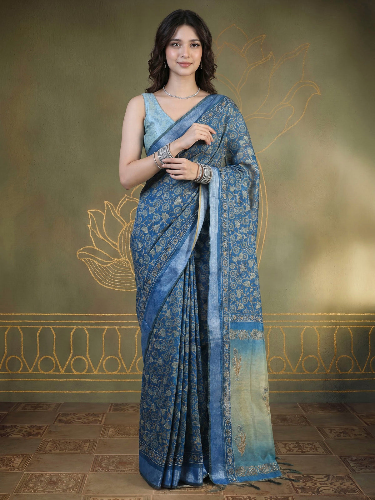 Blue Cotton Blend Printed Sarees