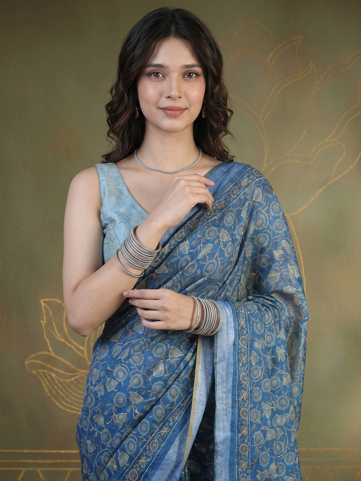 Blue Cotton Blend Printed Sarees