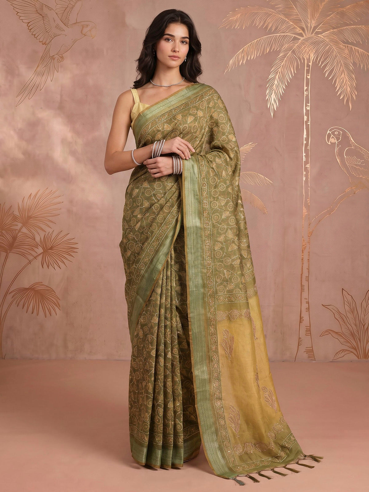 Mehndi Cotton Blend Printed Sarees