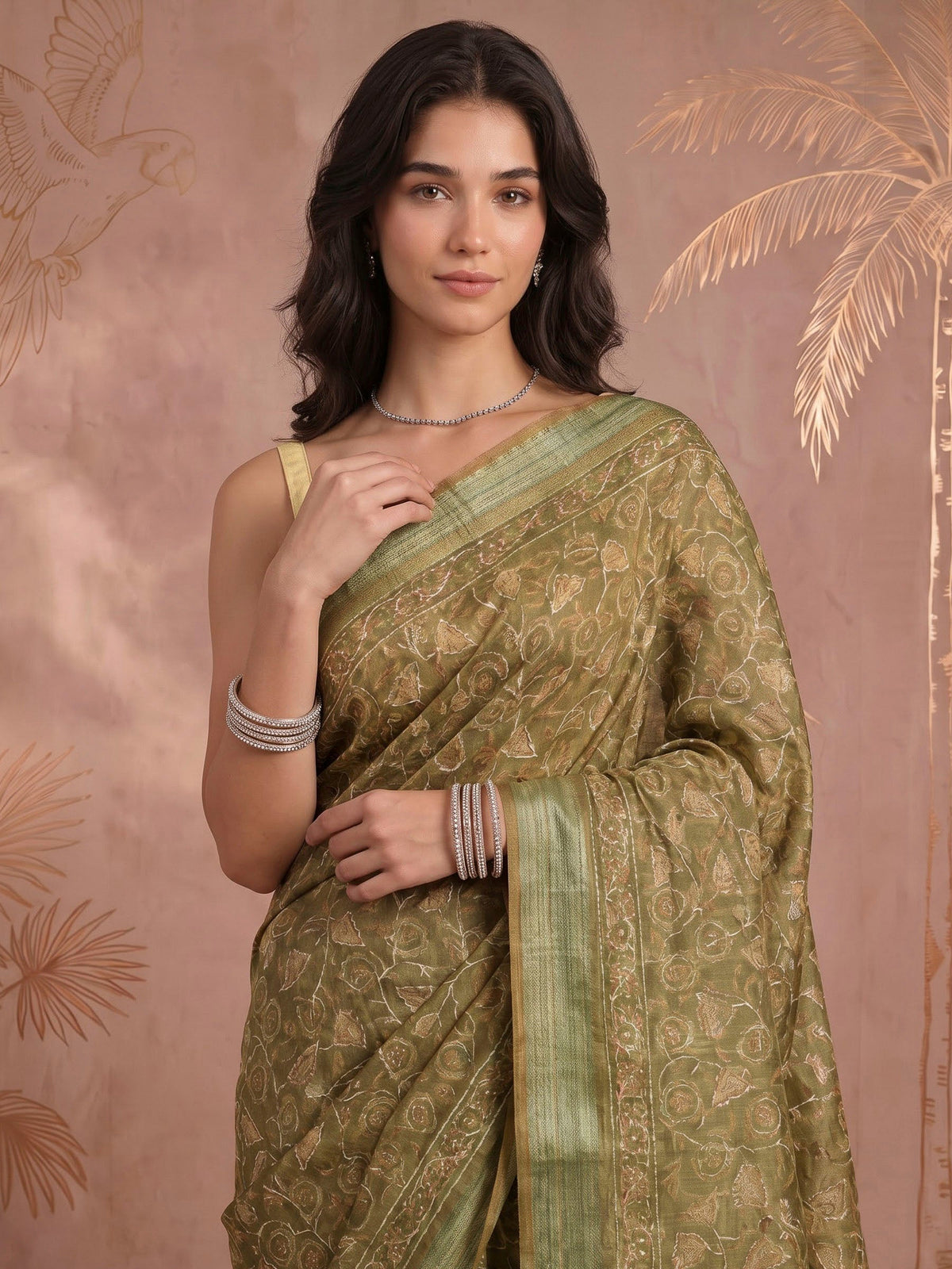 Mehndi Cotton Blend Printed Sarees
