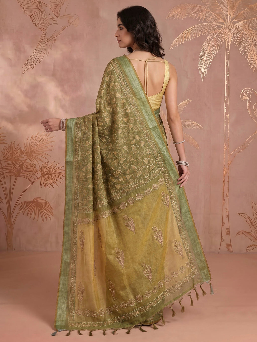 Mehndi Cotton Blend Printed Sarees