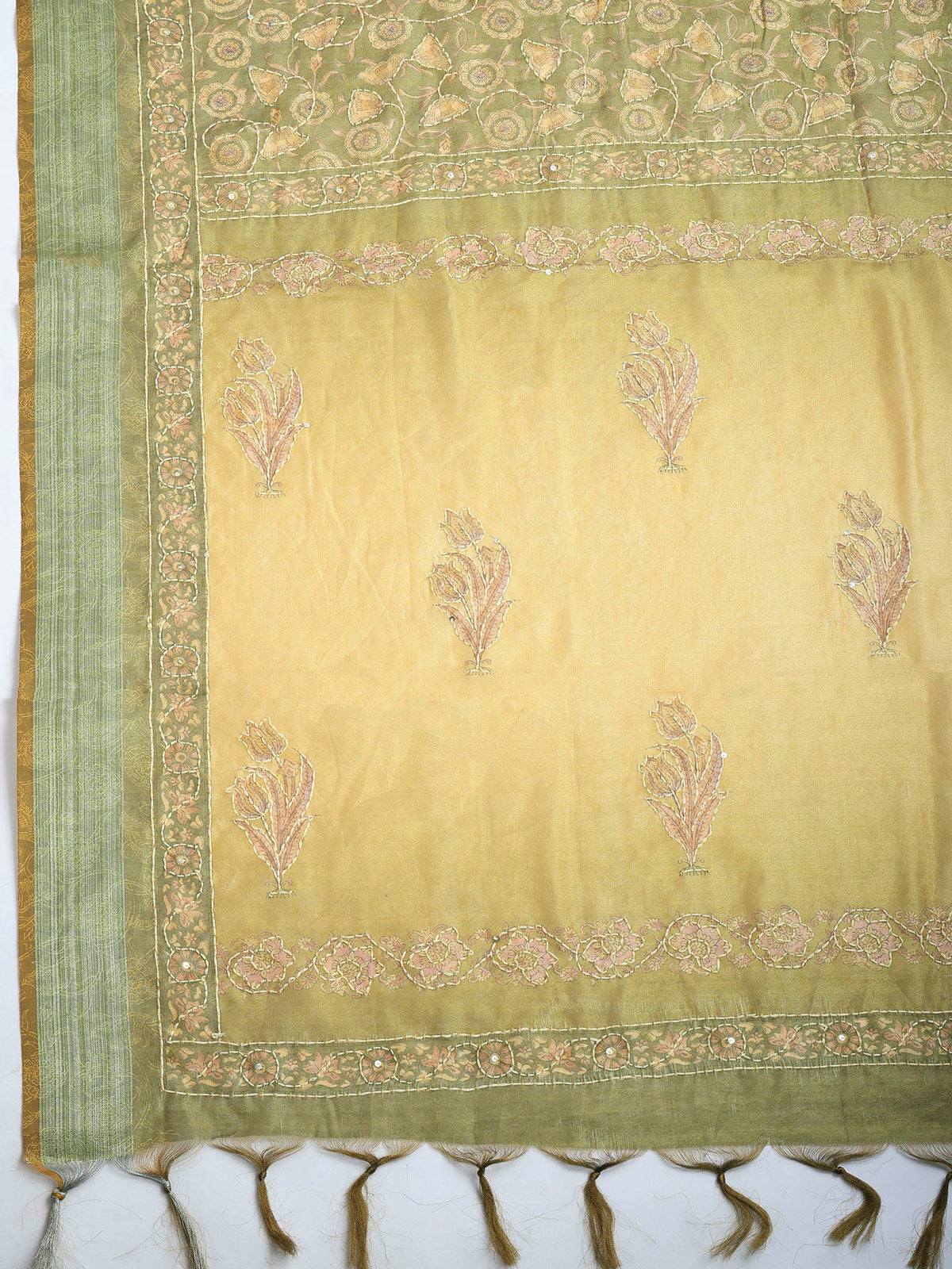 Mehndi Cotton Blend Printed Sarees