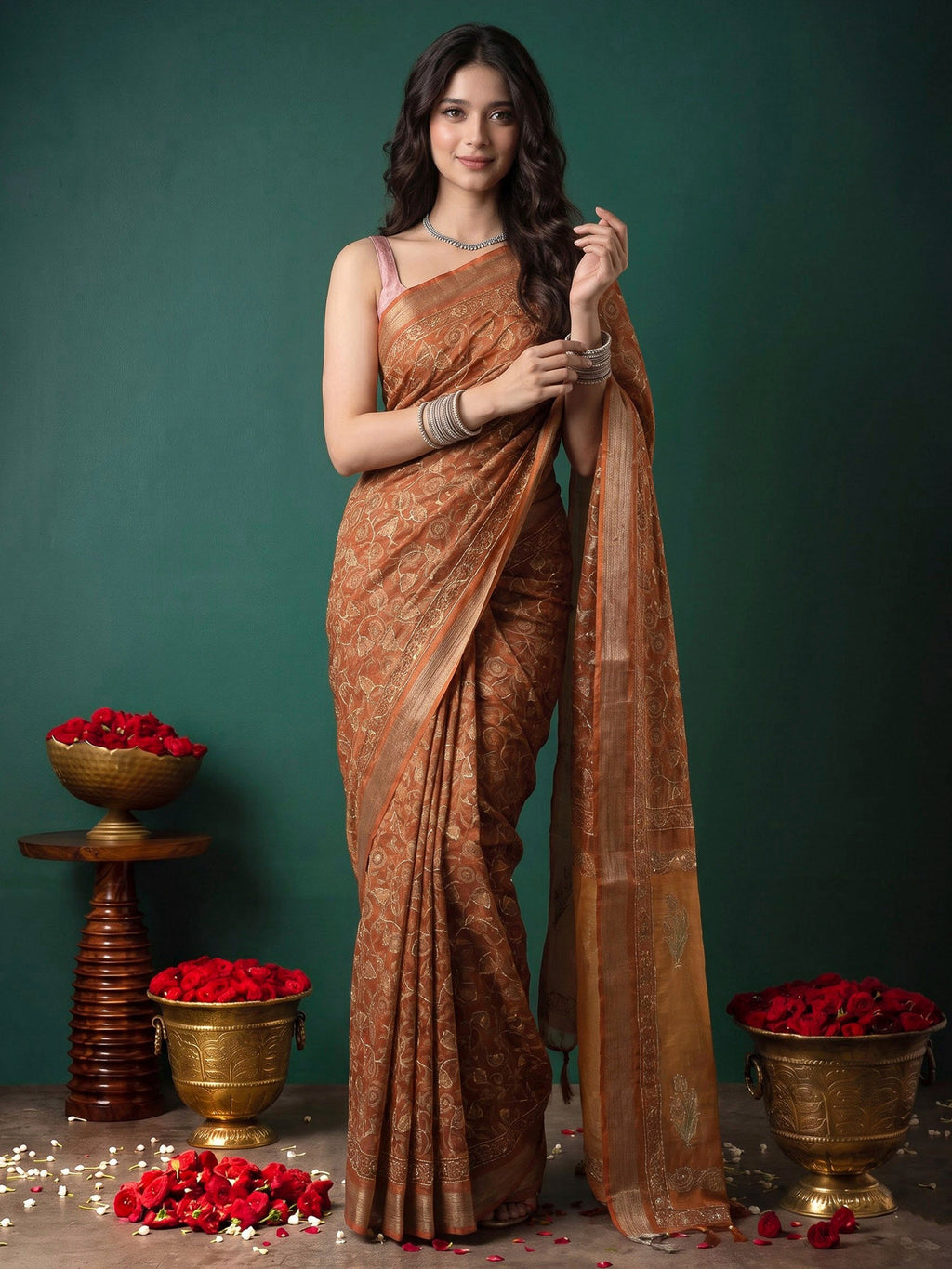 Mustard Cotton Blend Printed Saree