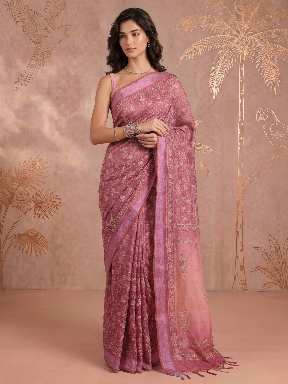 Pink Cotton Blend Printed Saree