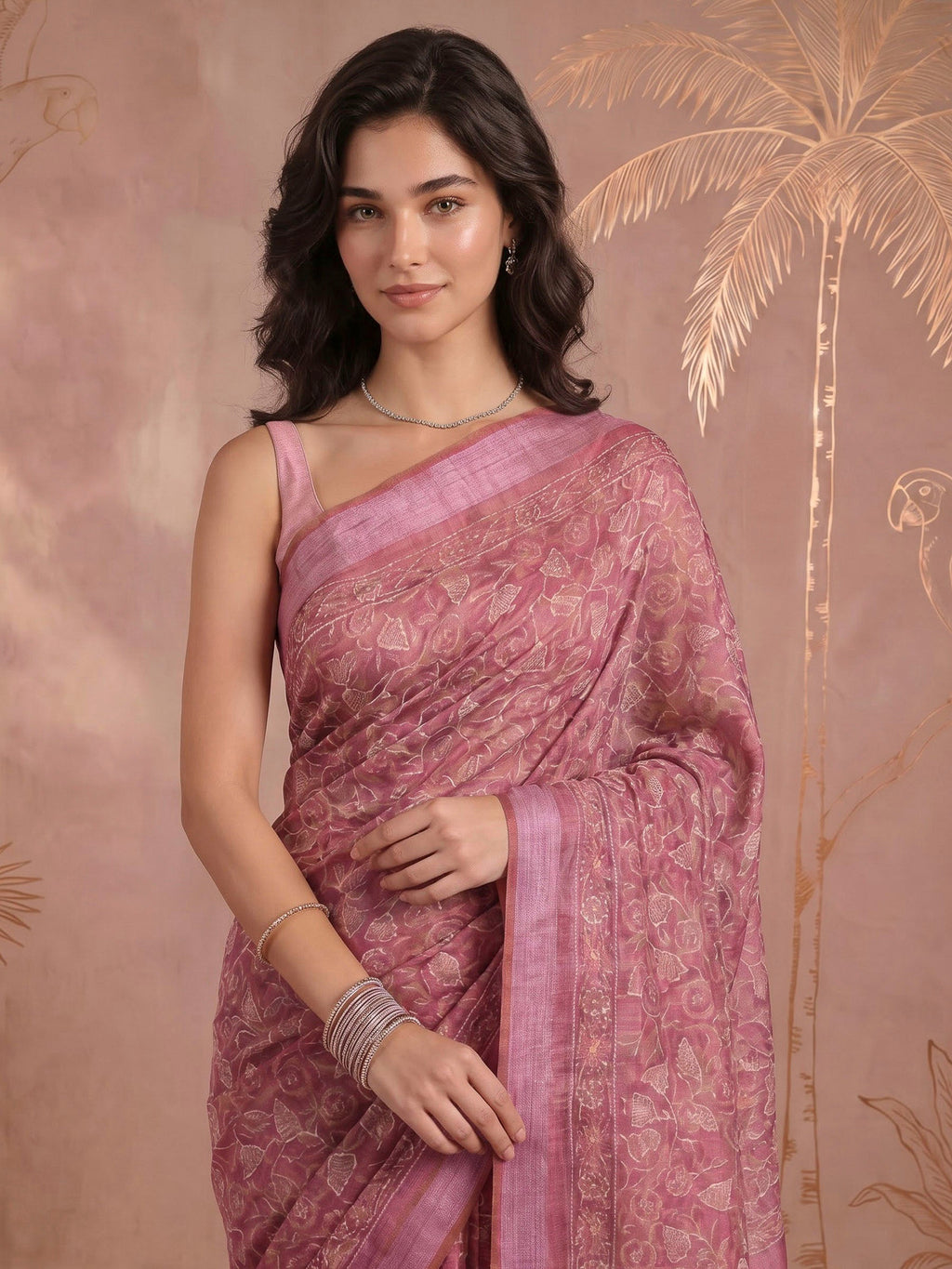 Pink Cotton Blend Printed Saree