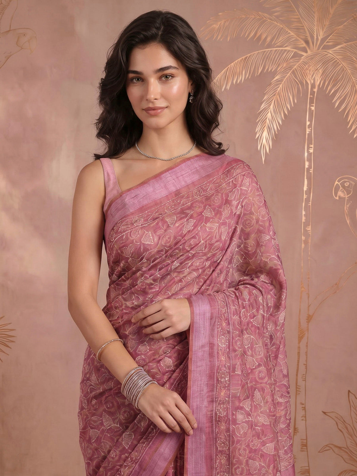 Pink Cotton Blend Printed Saree