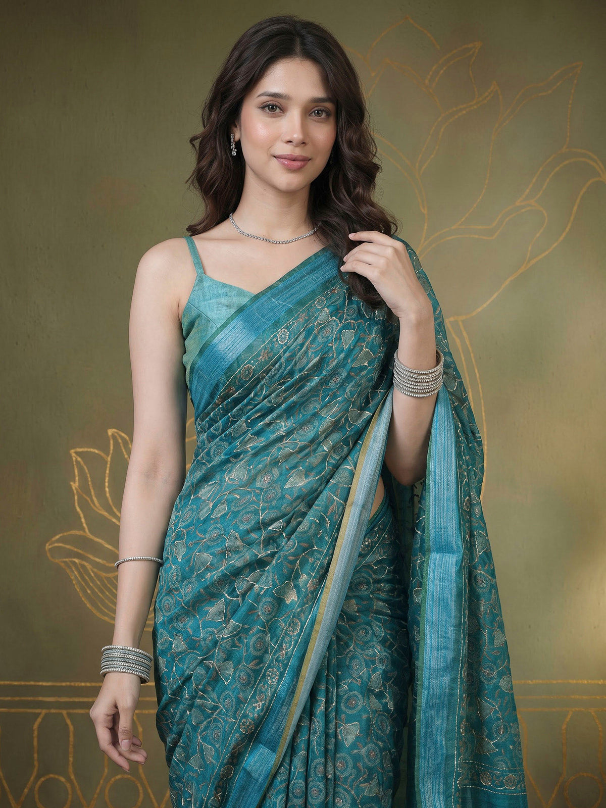 Rama Green Cotton Blend Printed Sarees