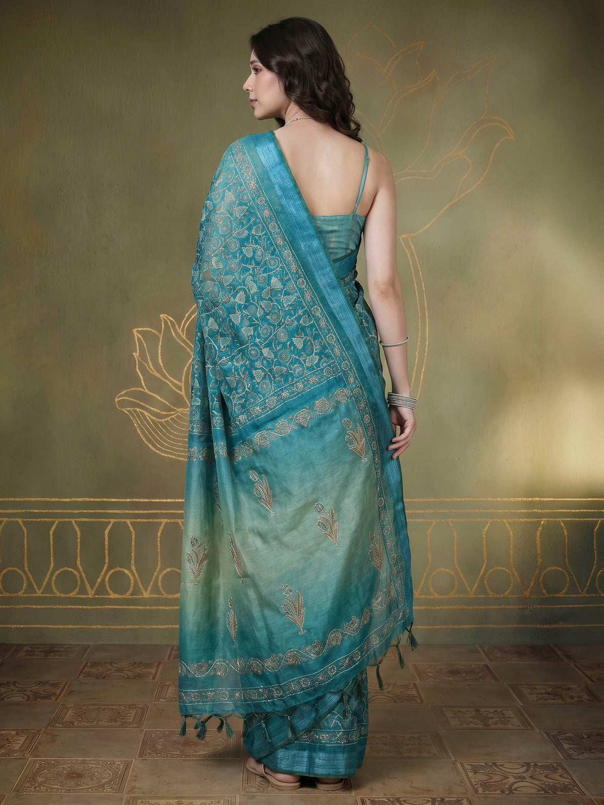 Rama Green Cotton Blend Printed Sarees