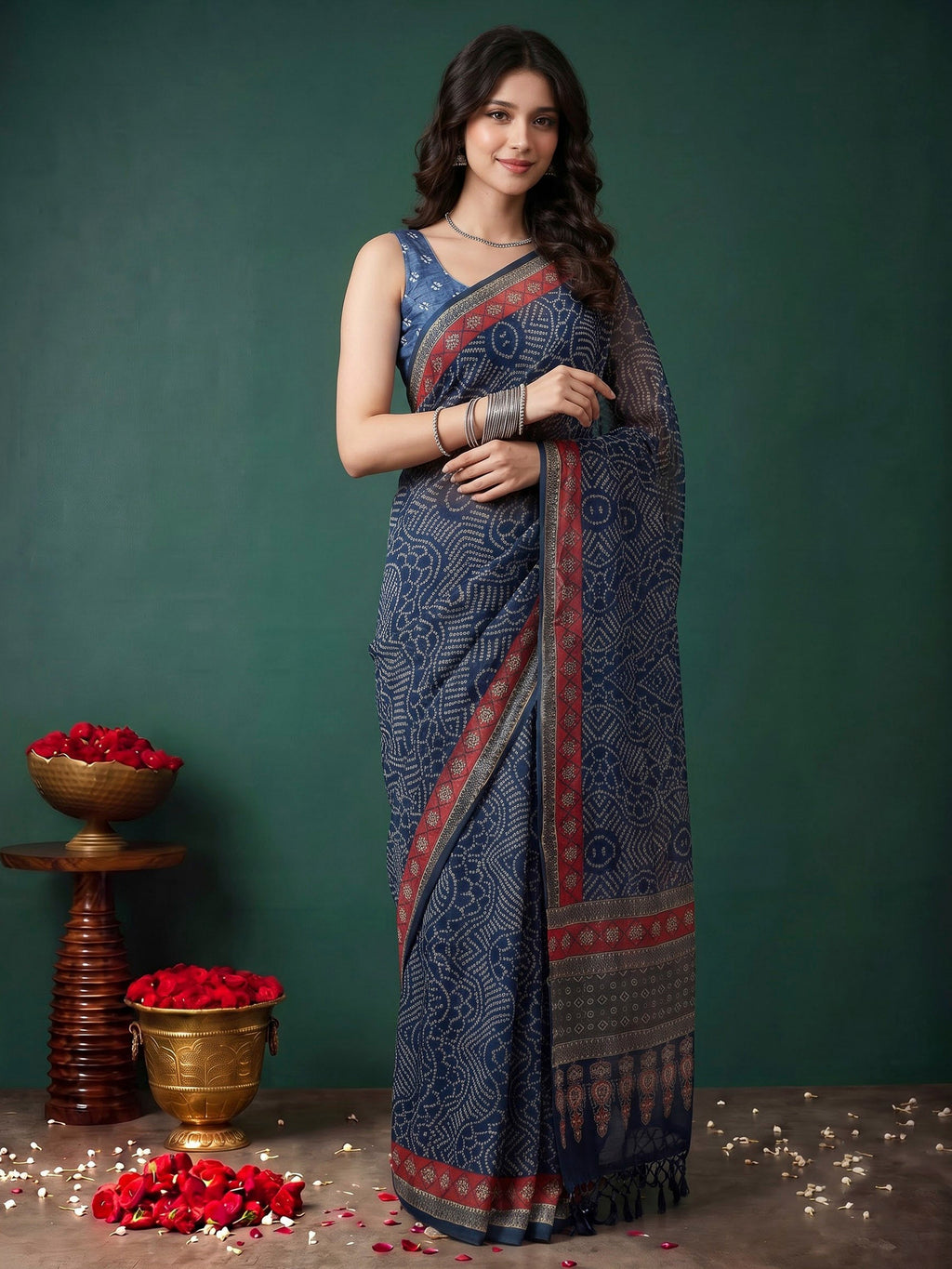 Navy Blue Cotton Blend Printed Sarees