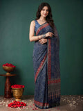Navy Blue Cotton Blend Printed Sarees
