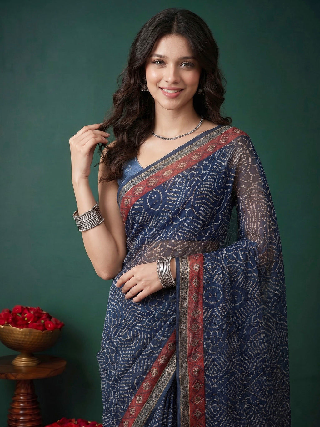 Navy Blue Cotton Blend Printed Sarees