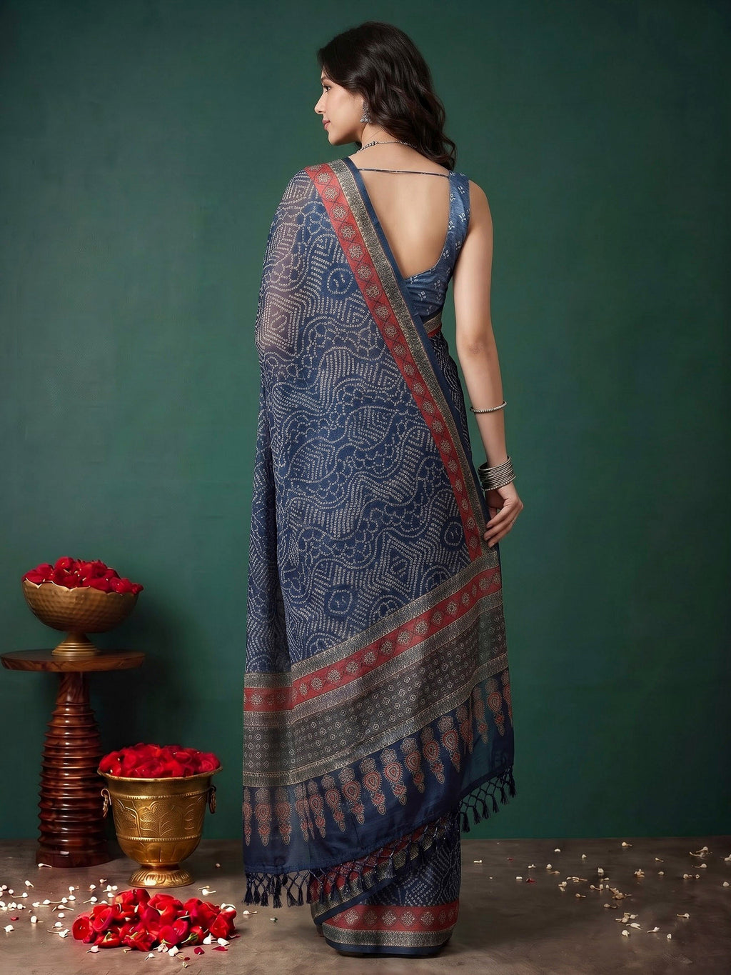 Navy Blue Cotton Blend Printed Sarees