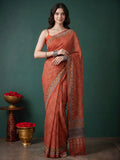 Peach Cotton Blend Printed Sarees